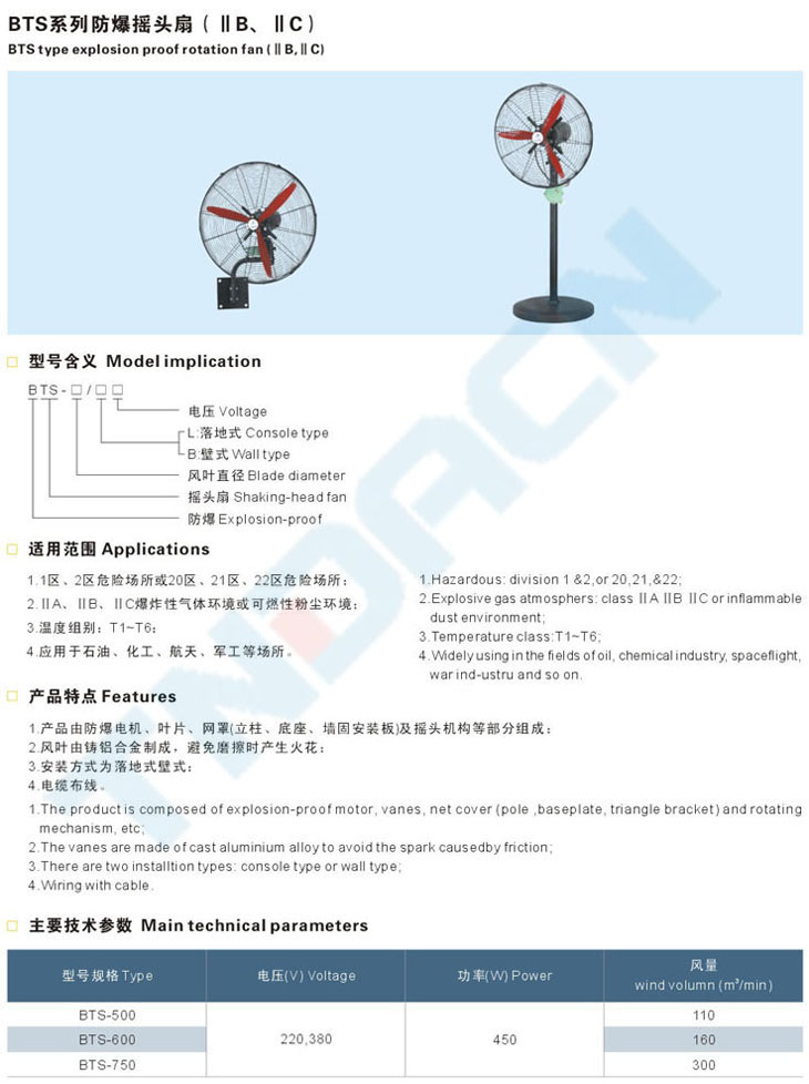 BTS系列防爆搖頭扇(IIB、IIC)