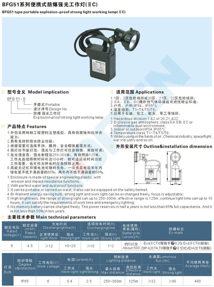 BFG51系列便攜式防爆強(qiáng)光工作燈(IIC)